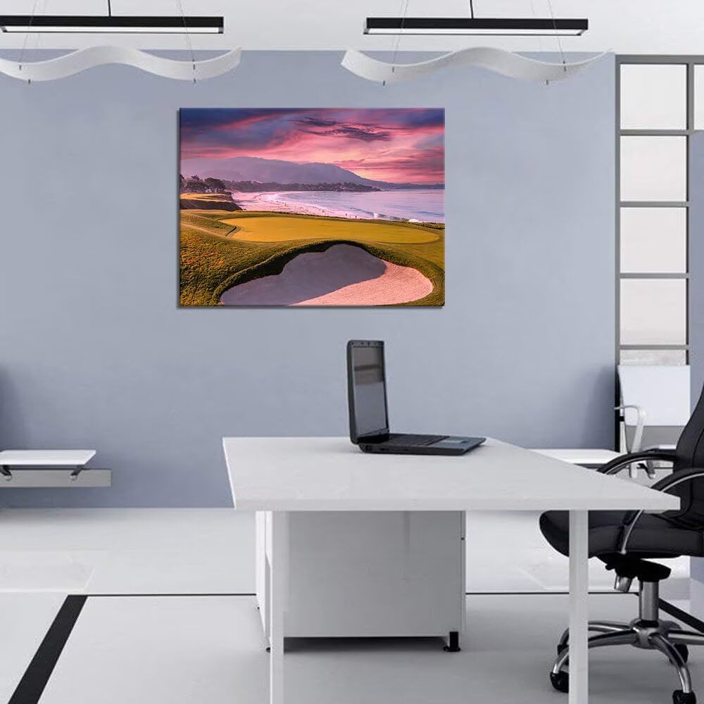 HJY Art Pebble Beach Golf Course Wall Art USA California Golf Course Wall Decor Sunset Landscape Painting Poster for Home Decor Living Room Bedroom Office Club Gym Framed Artwork (12 x 16 inch)