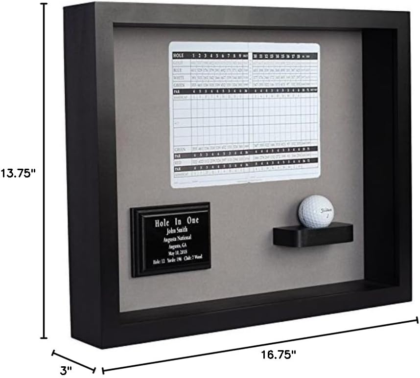 Hole in One Shadowbox and Golf Ball Display Case | Personalized Engraved Plate | Holds Golf Ball and Scorecard or Photo | Horizontal Layout | Black Finish | Wall Mounted