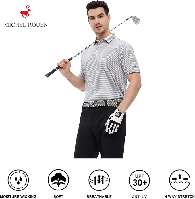Mens Golf Shirt Moisture Wicking Dry Fit Performance Sport Short Sleeve Striped - Image 5