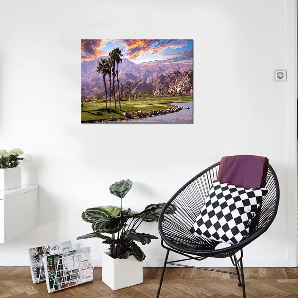 HJY Art USA California Golf Course Wall Art Golf Course Canvas Wall Decor Sunset Landscape Painting Poster for Home Decor Living Room Bedroom Office Club Gym Framed Artwork (28 x 44 inch)