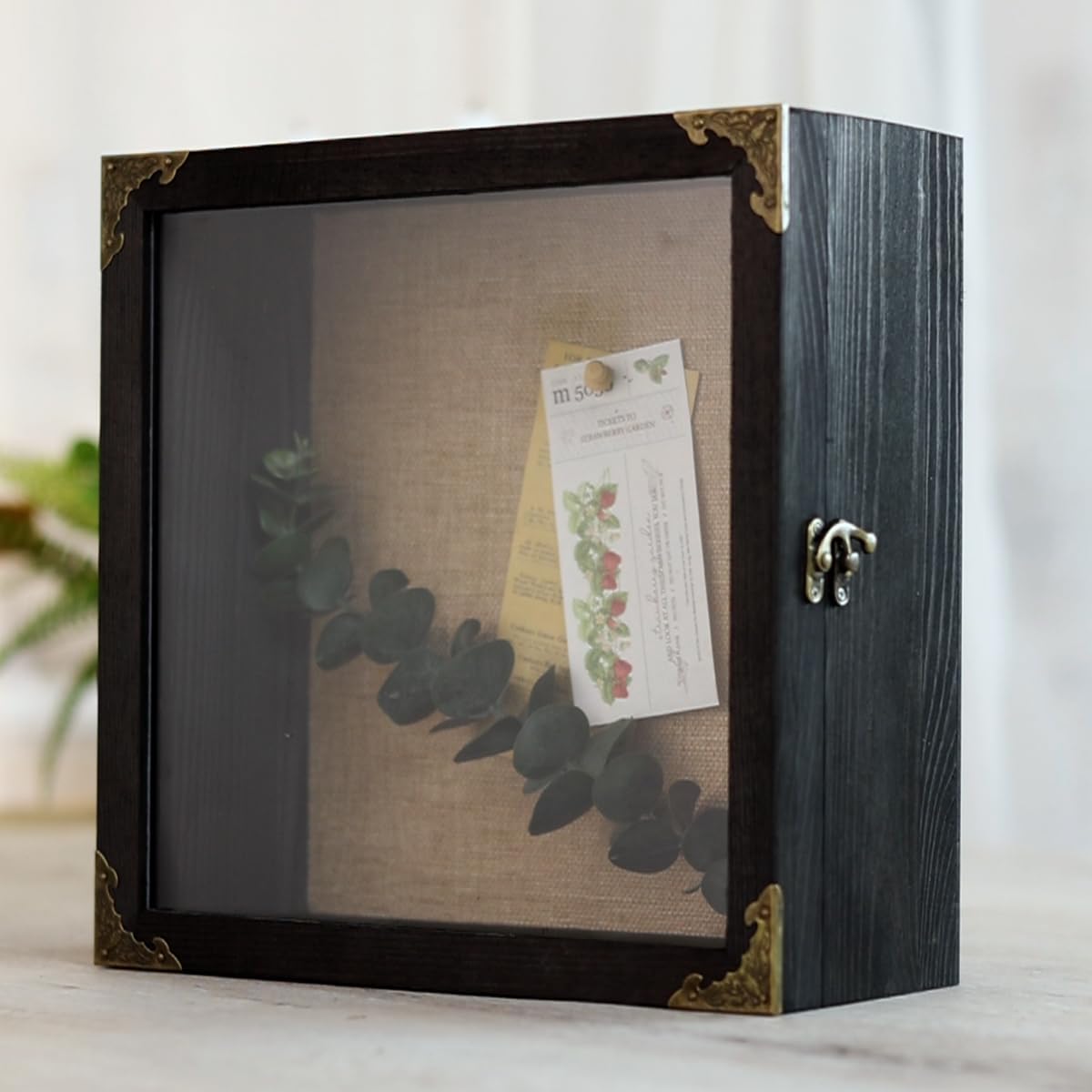 11x11 Inch Deep Shadow Box Frame 4.5" Depth, Black Solid Wood Display Case with Acrylic Door, Vintage Metal Corners, Memory Box for Medals Photos Coins Awards Wedding Keepsakes Military Memorial Gifts