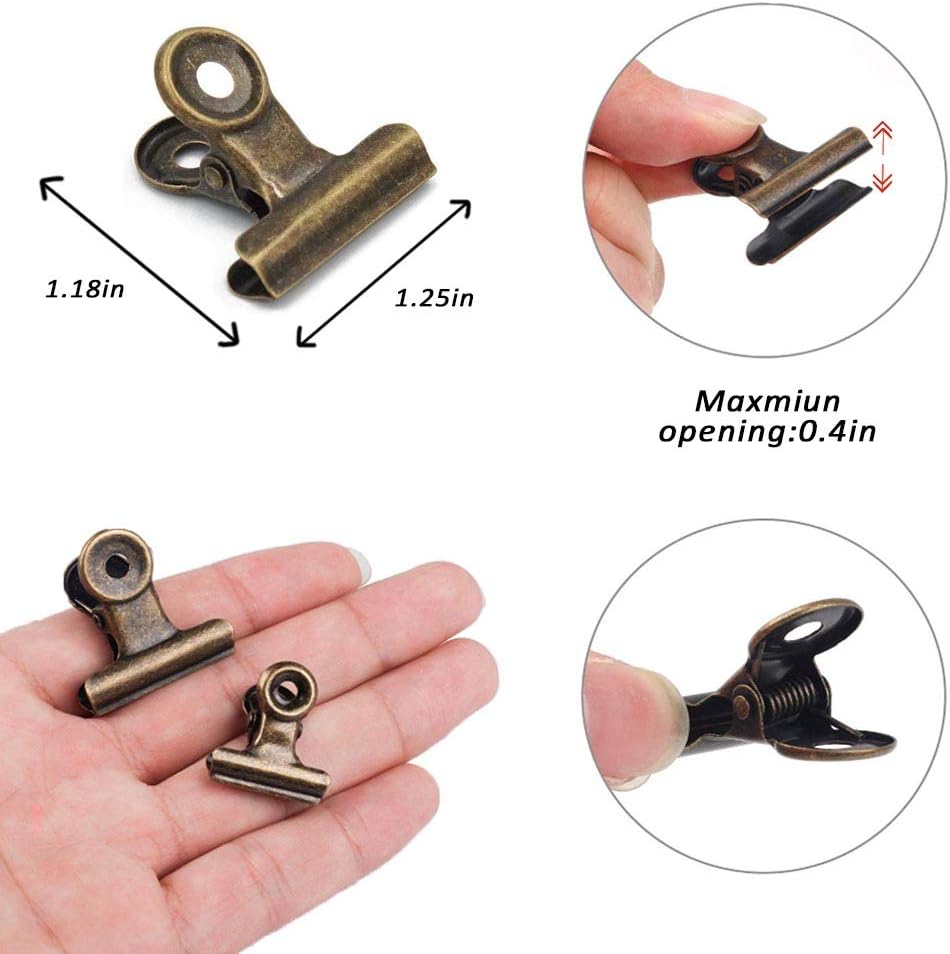 20 Pack Metal Clips with 20 Push-pins for Corkboard,Bulldog Clips for Hanging Pictures,Small Hinge Clips for Crafts,Mini Binder Clips Paper File Clamps for Office School(Bronze,1.2inch)