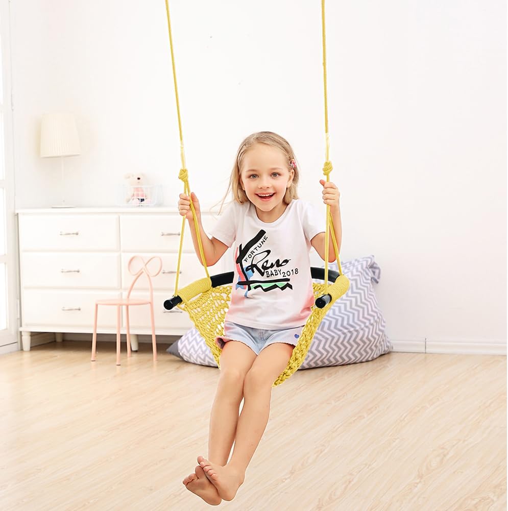 Hand-Knitting Toddler Swing, Swing Seat for Kids with Adjustable Ropes, Little tikes Swings Set, for Outdoor Indoor, Playground, Backyard (Yellow)