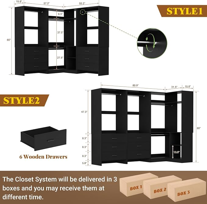 Aheaplus Closet System with 6 Drawers, 4 Hanging Rods & Corner Tower, Corner - Image 7