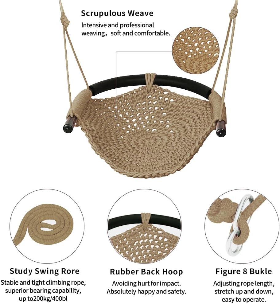 Hand-Knitting Toddler Swing, Swing Seat for Kids with Adjustable Ropes, Little tikes Swings Set, for Outdoor Indoor, Playground, Backyard (Light Brown)