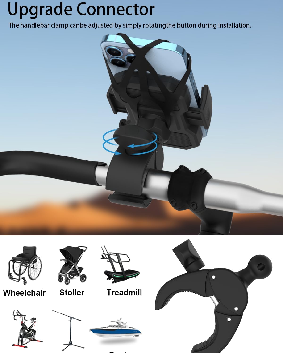 2025 Upgraded Silicone Straps Phone Holder Mount for Boat Helm, Golf Cart, Stroller, Treadmill, Mic Stand, Spin Bike, Handlebar Clamp for 4-7" iPhone 17 Pro Max Air, 16 15 14 13 12, S25 and Smartphone