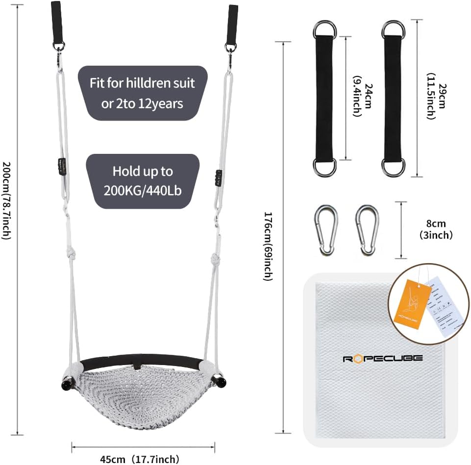 Hand-Knitting Toddler Swing Seat for Kids with Adjustable Ropes, Little tikes Swings Set, for Outdoor Indoor, Playground, Backyard (Gray)