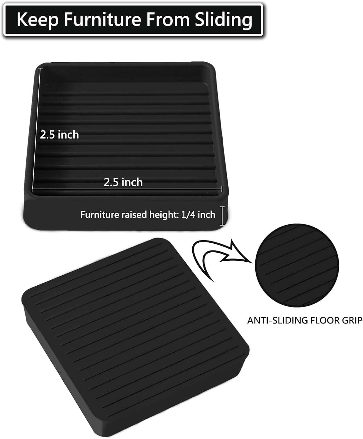 2.5x2.5 Square Rubber Furniture Caster Cups, Anti-Sliding Furniture Pads Bed Stopper Floor Protectors with Grip - Protect Any Flooring