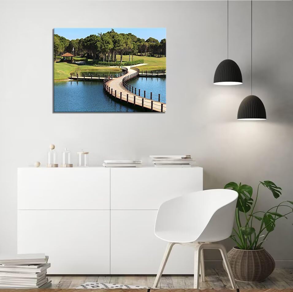 HJY Art USA Golf Course Wall Art Pictures Golf Club Wall Decor Blue Green Painting Poster for Home Decor Living Room Bedroom Bathroom Office Gym Landscape Framed Artwork Ready to Hang (12 x 16 inch)