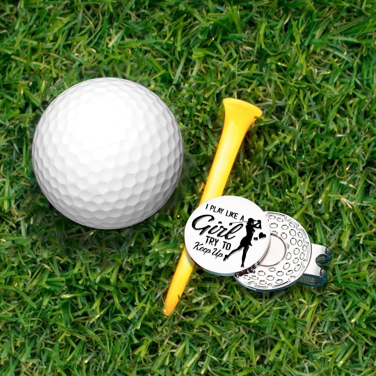 Hafhue I Play Like A Girl Try to Keep Up Golf Ball Marker with Magnetic Hat Clip, Funny Golf Accessories and Golf Gifts for Women Her Wife Daughter, Birthday for Golfer Golf Lovers