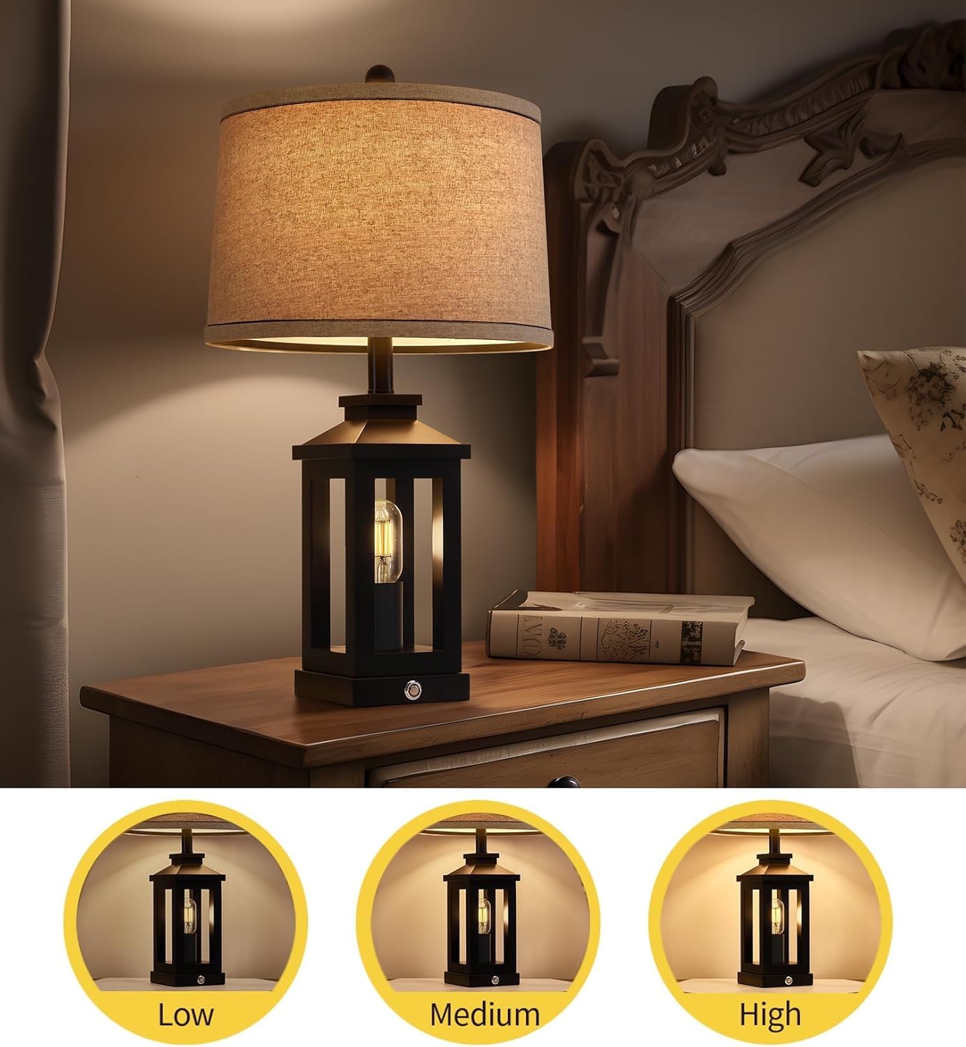 23.75" Retro Farmhouse Black Table Lamp for Living Room Bedroom Nightstand Set of 2 Touch Control Bedside Nightlight Vintage Modern Lamp with USB C+A Ports and 2 Light Sources