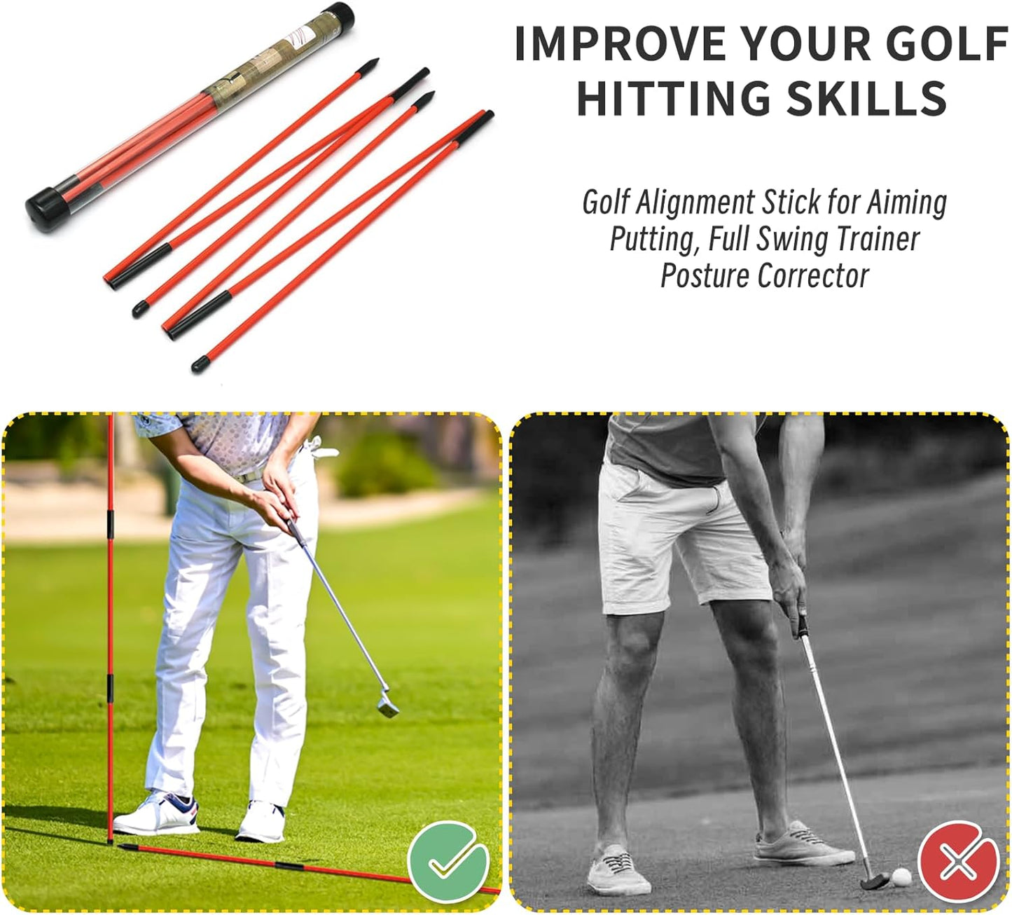 2 Pack Golf Alignment Sticks,Upgraded 48" Collapsible Golf Practice Rods for Aiming,Golf Swing Trainer,Golf Indicator Sticks,Posture Corrector with Clear Tube Case