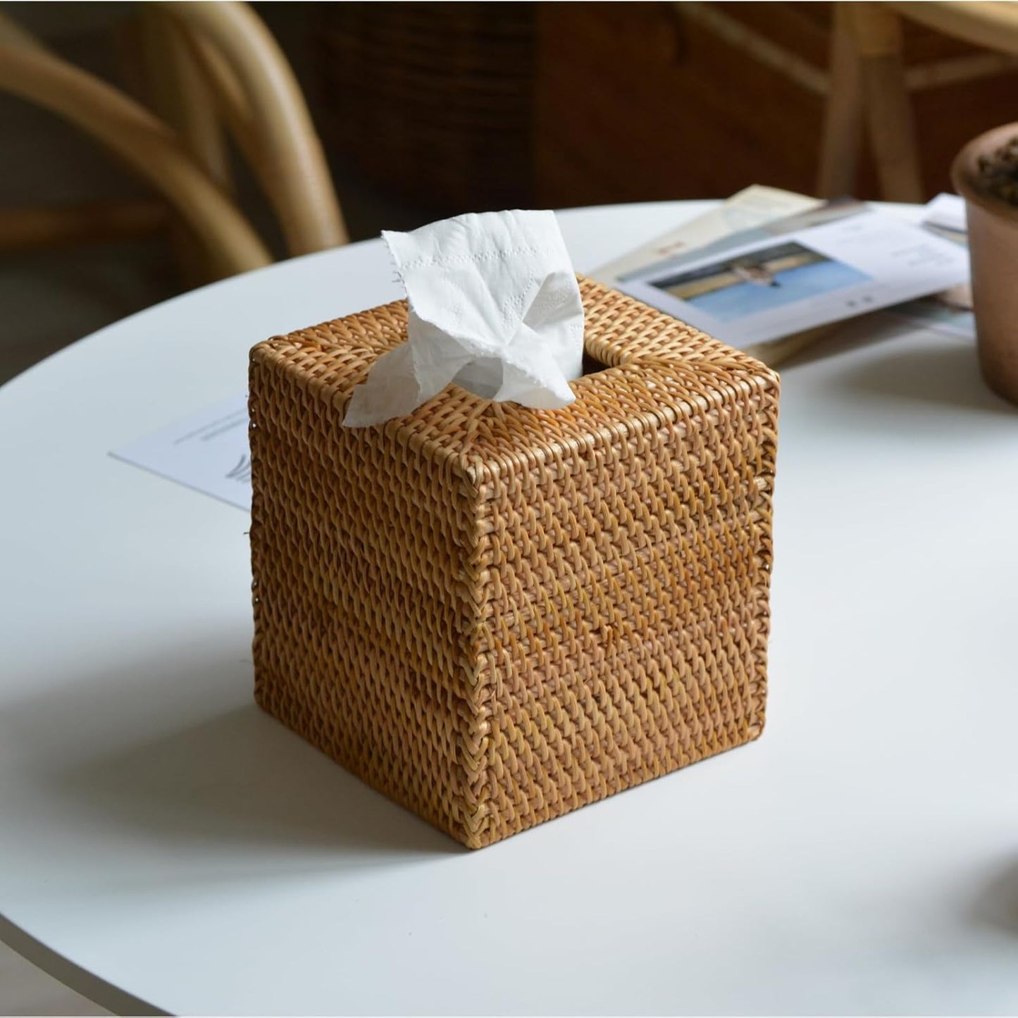 2 Pack Rattan Tissue Box Cover Square, Hand Woven Wicker Tissue Holder, 5.5 x 5.5 X 5.7 inch, Natural