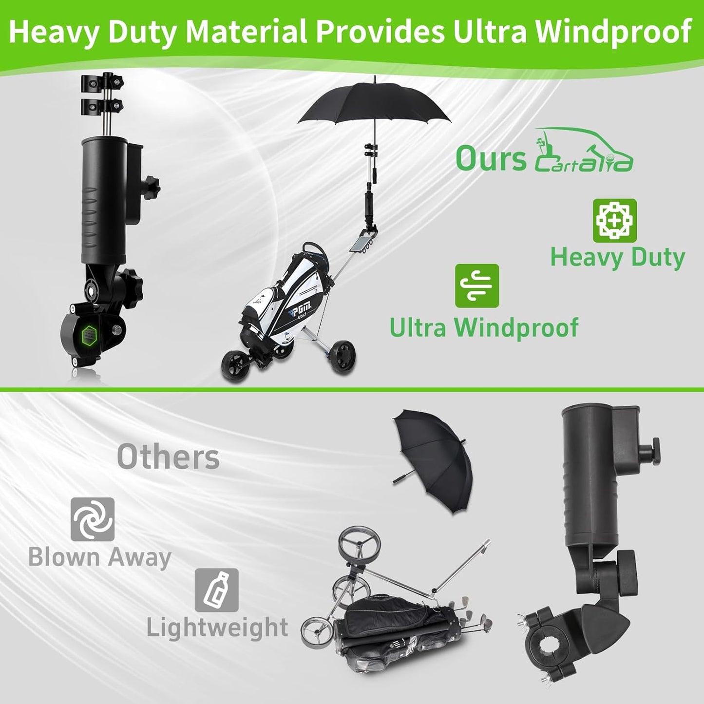 Heavy Duty Golf Push Cart Umbrella Holder, Upgraded Aluminium Alloy Base Ultra Windproof, Universal Umbrella Stand for Electric Lawn Mower, Stroller, Wheelchair, Mobility Scooter, Beach Chair