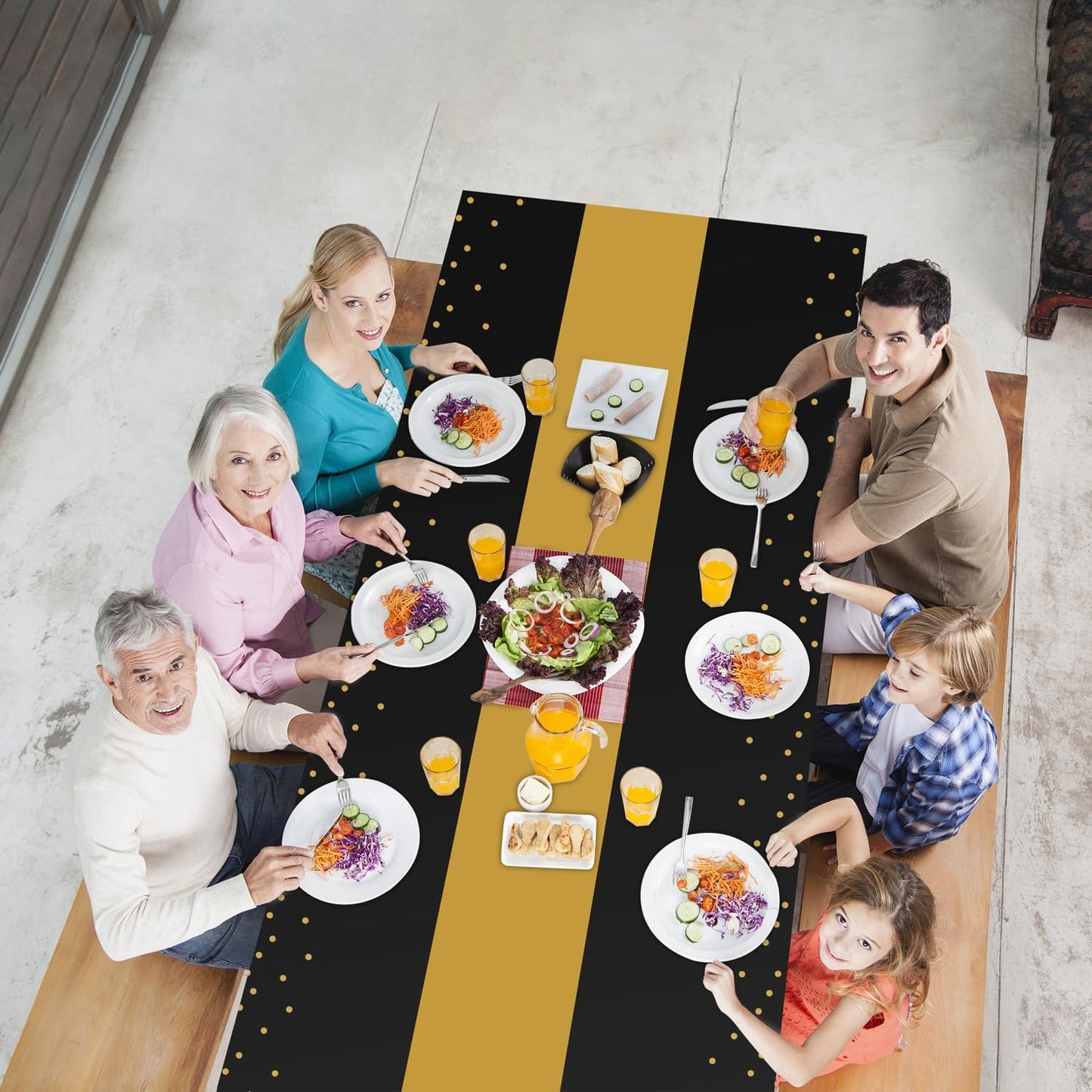 16 Pack 2in1 Disposable Plastic Tablecloths 54" x 108" Black and Gold Dot Kitchen Table Cloth Rectangle Table Cover for Wedding Birthday Baby Shower Anniversary Christmas New Year Graduation