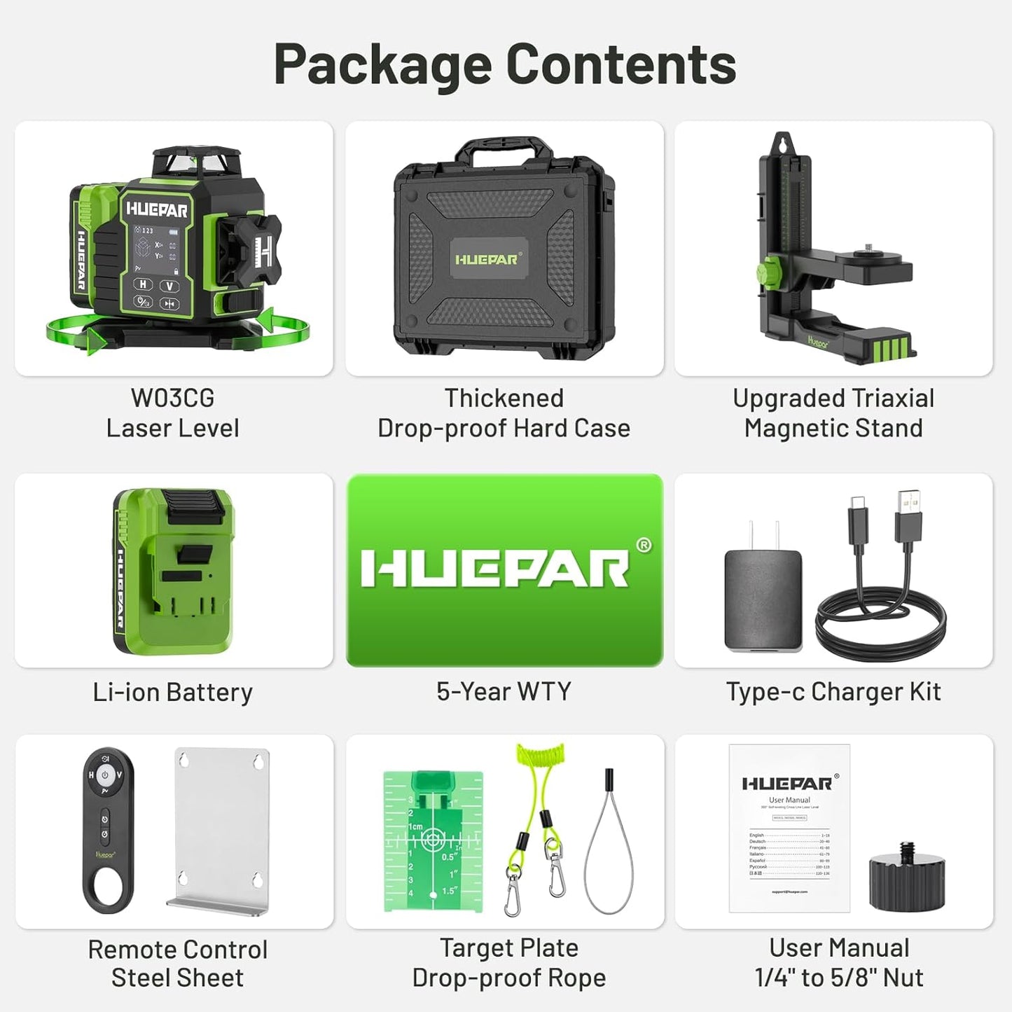 Huepar 2024 New Construction Laser Level 3x360 Self Leveling, 3D 12 Lines Bluetoothed Laser Level with Electric Rotating Base & Large LCD Screen, 3 Planes Green Cross Lazer Leveler Tool W03CG