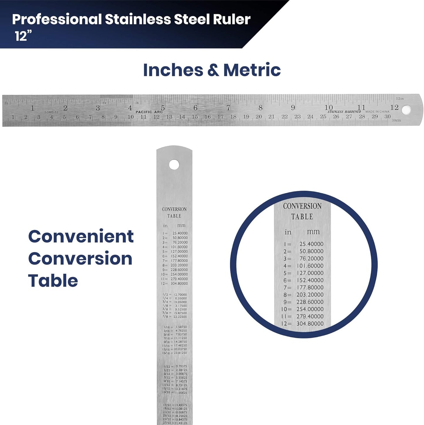 2 Pack Pacific Arc 12 Inch Stainless Steel Ruler with Inch/Metric Conversion Table