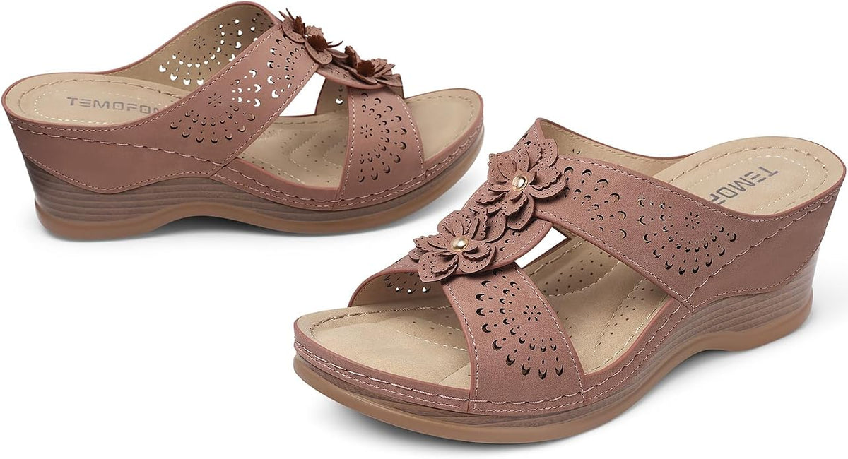 TEMOFON Womens Wedge Sandals Leather: Dressy Sandal, Rubber Sole, Comfortable - Image 6