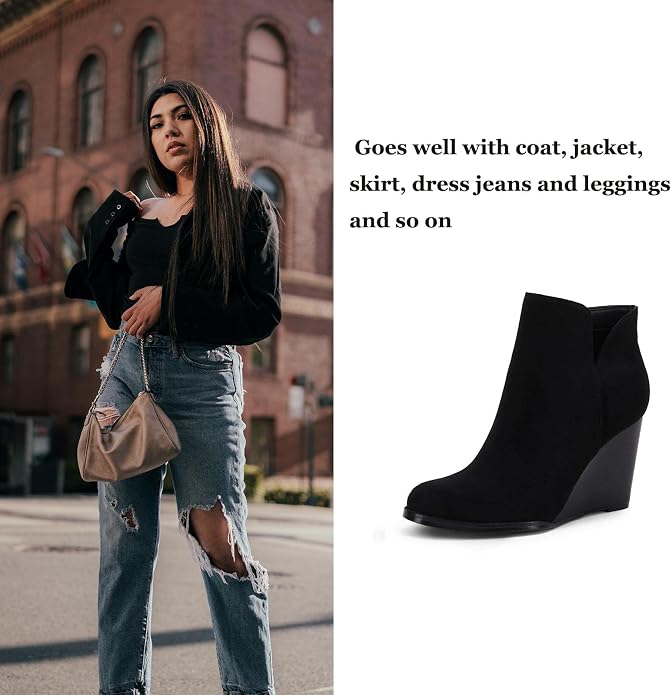 LAICIGO Womens V Cut Wedge Ankle Booties Zip-up Closed Toe Stacked Heel Faux - Image 5