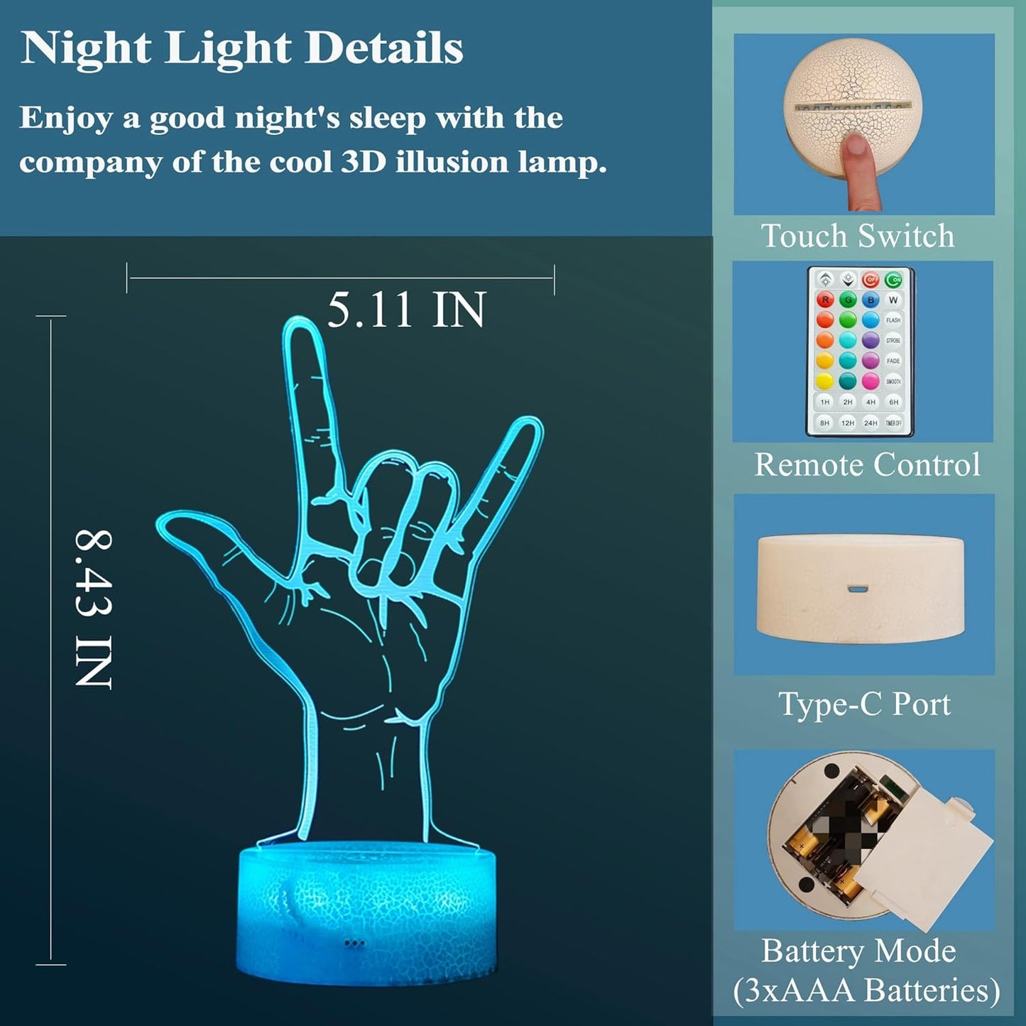 I Love You Night Light, Loving You Hand Sign, Lover 3D Illusion Lamp with 16 Colors Changing, Timer, 4 Flash Modes and Dimmable, Men Women Boys Girls Room Decoration, Holiday Xmas Gifts