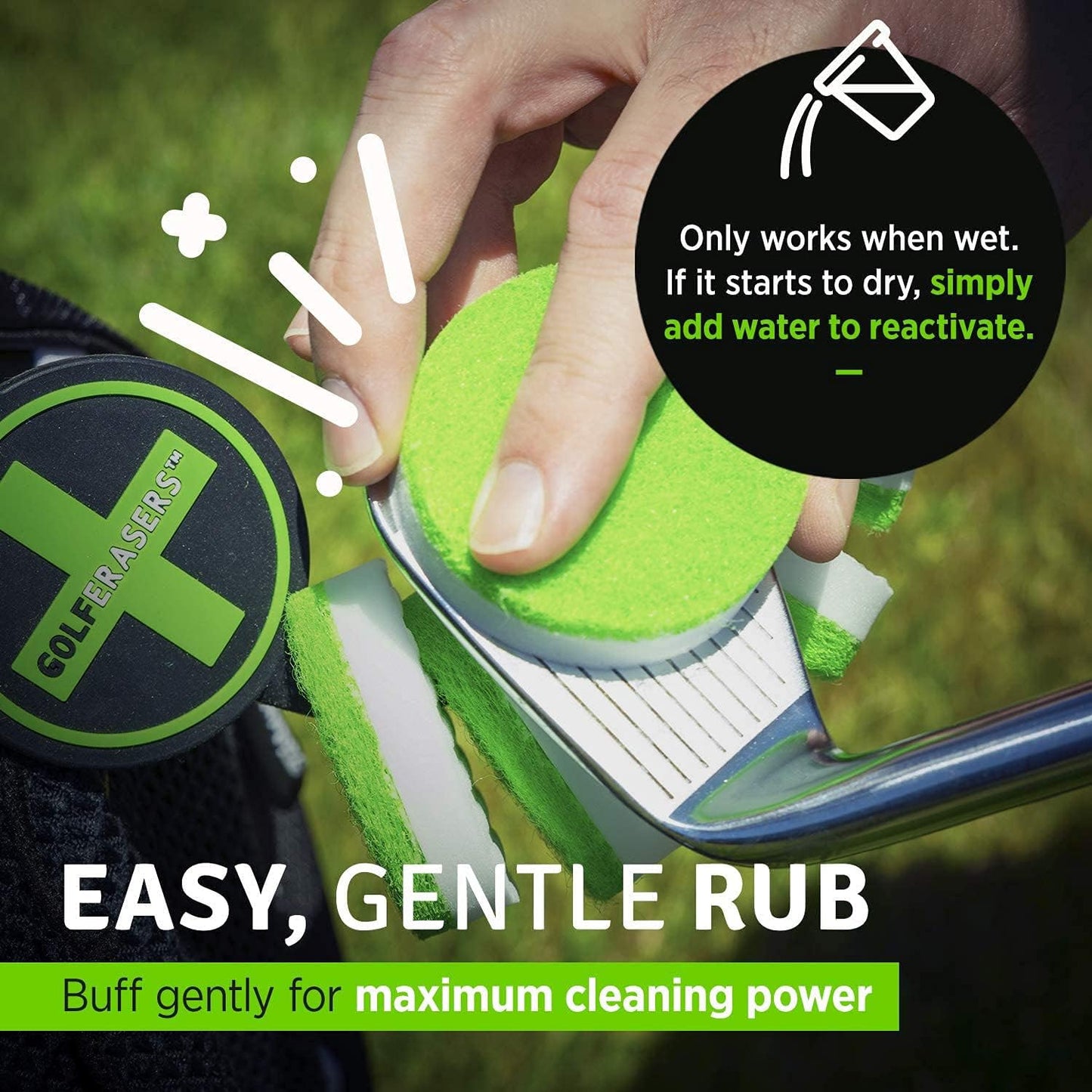 Instant Golf Eraser, Premium Dual-Sided Sponge - Golf Club Cleaner, Golf Ball Cleaner, Golf Club Groove Cleaner 6-Pack with Tether, 12-Pack Refill, Premium Embroidered Golf Towel with Clip