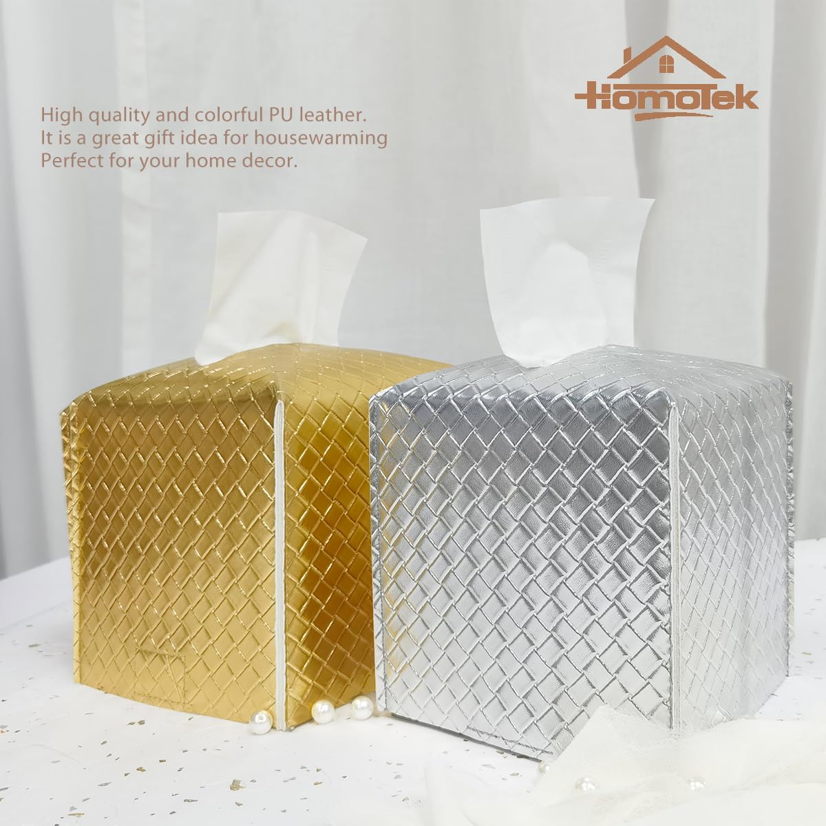 HOMOTEK 2 Pack Tissue Box Cover, Square PU Leather Tissue Holder, Decorative Facial Tissue Cube Paper Organizer Dispenser for Bathroom, Night Stands, Desk, Car 5X5X5'' - Woven Waffle, Brass