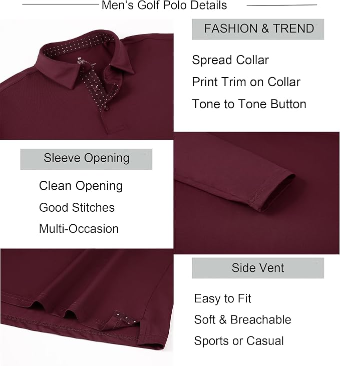 Alex Vando Mens Golf Shirt Moisture Wicking Quick-Dry Solid Long Sleeve Polo - Image 6
