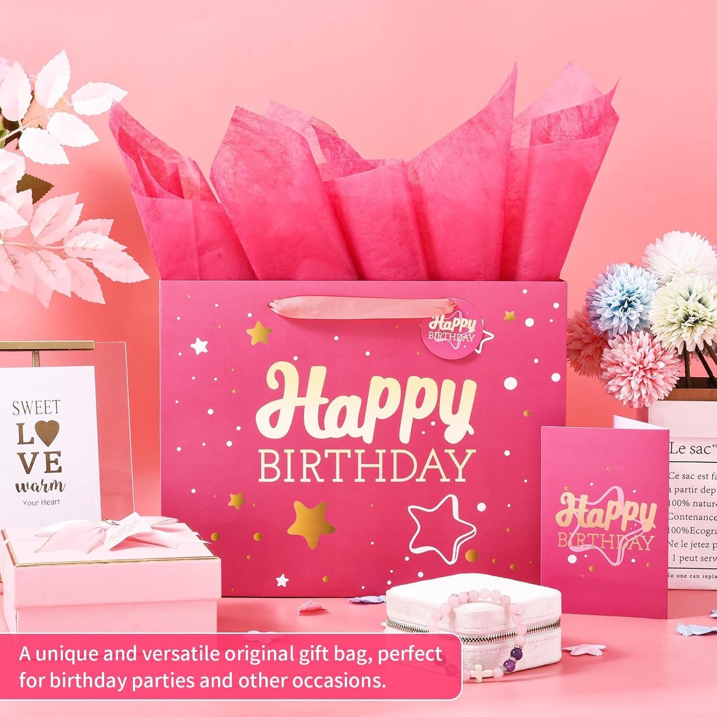 13" Pink Happy Birthday Gift Bag with Tissue Paper and Greeting Card for Party,Happy Birthday Gift Bag for Women Mother, Gift Bags Medium size(1 PCS Pink, Attach Mom Cards)