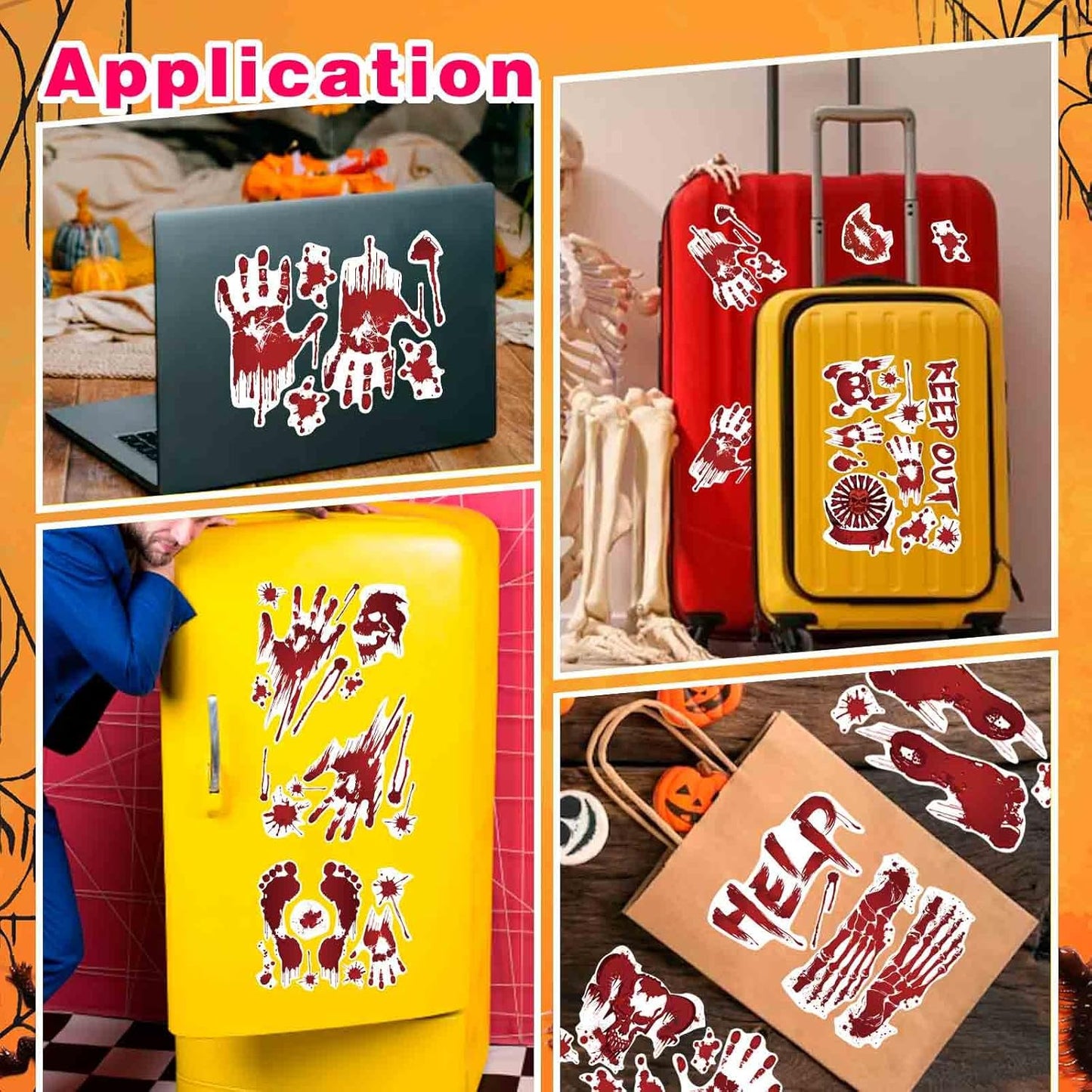 Halloween Wall Stickers, 8 Sheets Bloody Handprint and Footprint Stickers, Scary Halloween Party Decorations, Large Size Door Bathroom Indoor & Outdoor Home Decor