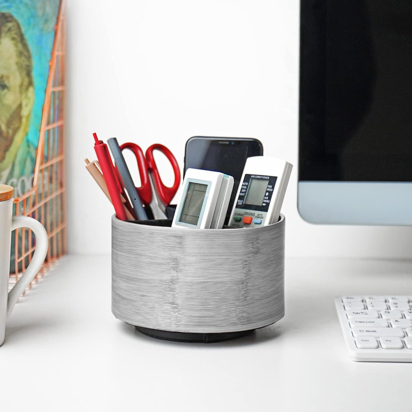 Hennaja Round Leather Art Supply Organizer,Remote Control Holder,360 Degree Spinning,Multi-Functional Pencil Holder,4 Compartments Desktop Stationary Organizer(1-Light Grey2)