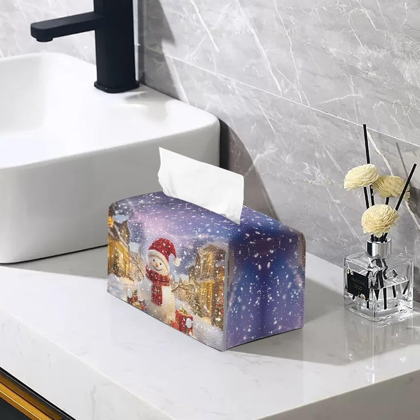 Rectangle Tissue Box Cover Snowman Print Cute Tissue Box Holder with Bottom Belt Christmas Tissues Cube Boxes for House Winter Indoor Decorations for Dining Room