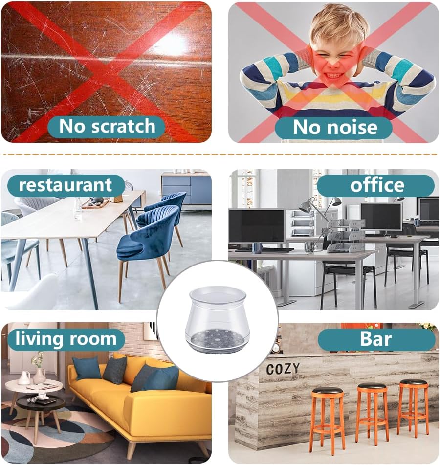 24 Pcs Chair Leg Floor Protectors Round, Silicone Felt Furniture Leg Pads Caps Covers for Hardwood Floors (Fit 1-5/16" to 2")