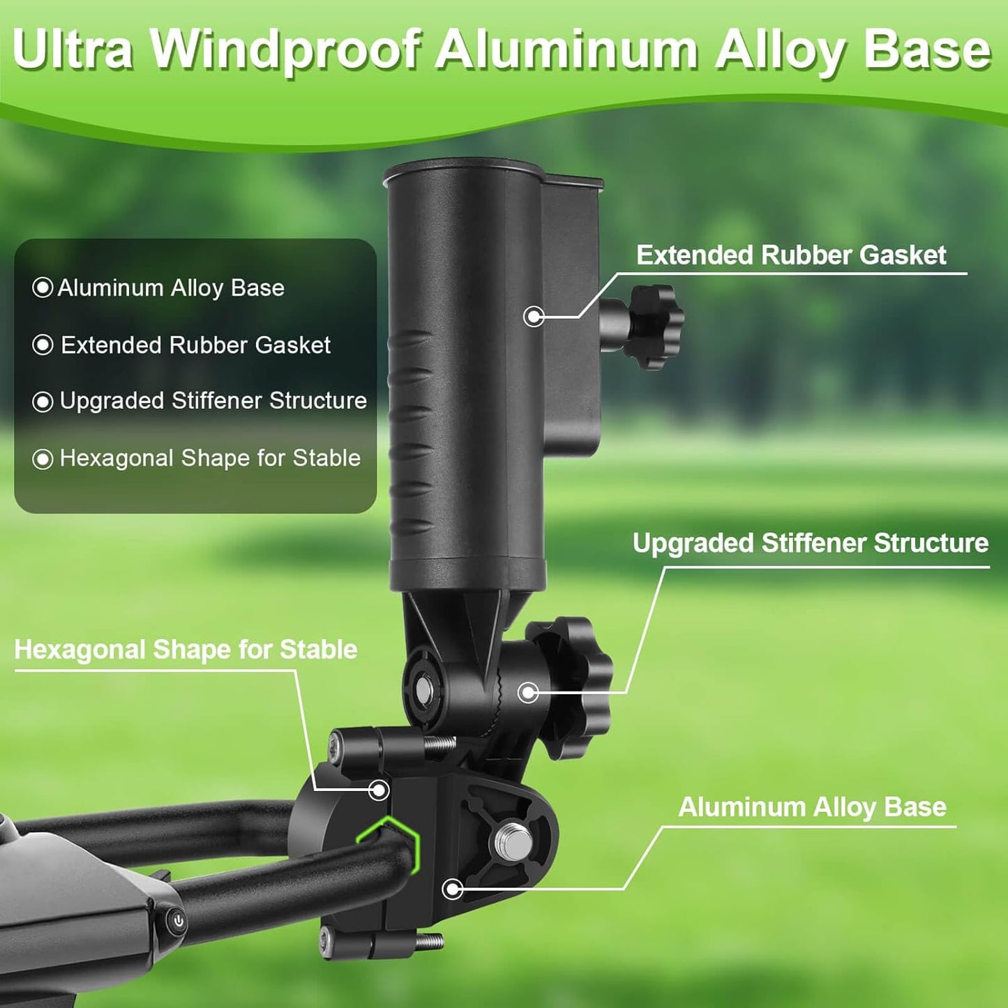 Heavy Duty Golf Push Cart Umbrella Holder, Aluminium Alloy Base Ultra Windproof, Universal Umbrella Attachment Stand for Stroller, Golf Cart, Mobility Scooter, Wheelchair, Bike, Beach Chair