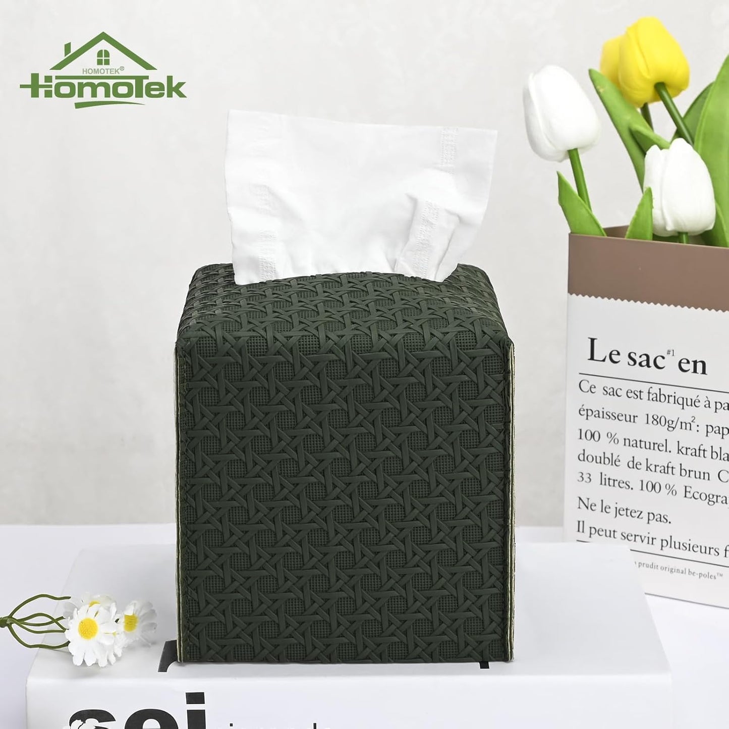 HOMOTEK 2 Pack Tissue Box Cover, Square PU Leather Tissue Holder, Decorative Facial Tissue Cube Paper Organizer Dispenser for Bathroom, Night Stands, Desk, Car 5X5X5'' - Rattan Weave,Emerald Green