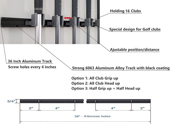 Golf Club Holder, Wall Display, Wall Hanger, Hold 17 Clubs on 36" Aluminum Rack - Image 5