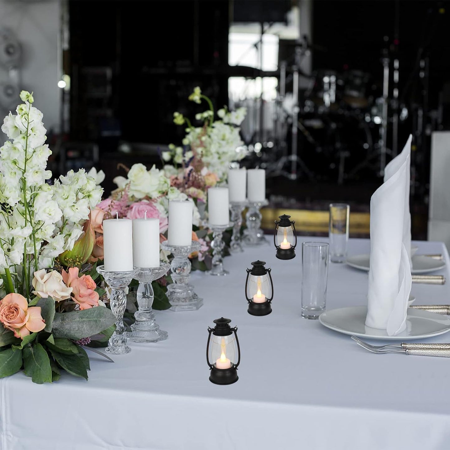 12Pcs Mini Lantern for Cowboy Halloween Christmas Wedding, Black 6" Candle Lantern with Flickering LED for Camping Western Party Decorations, Table Centerpiece, Hanging Lamp Ornaments Bulk