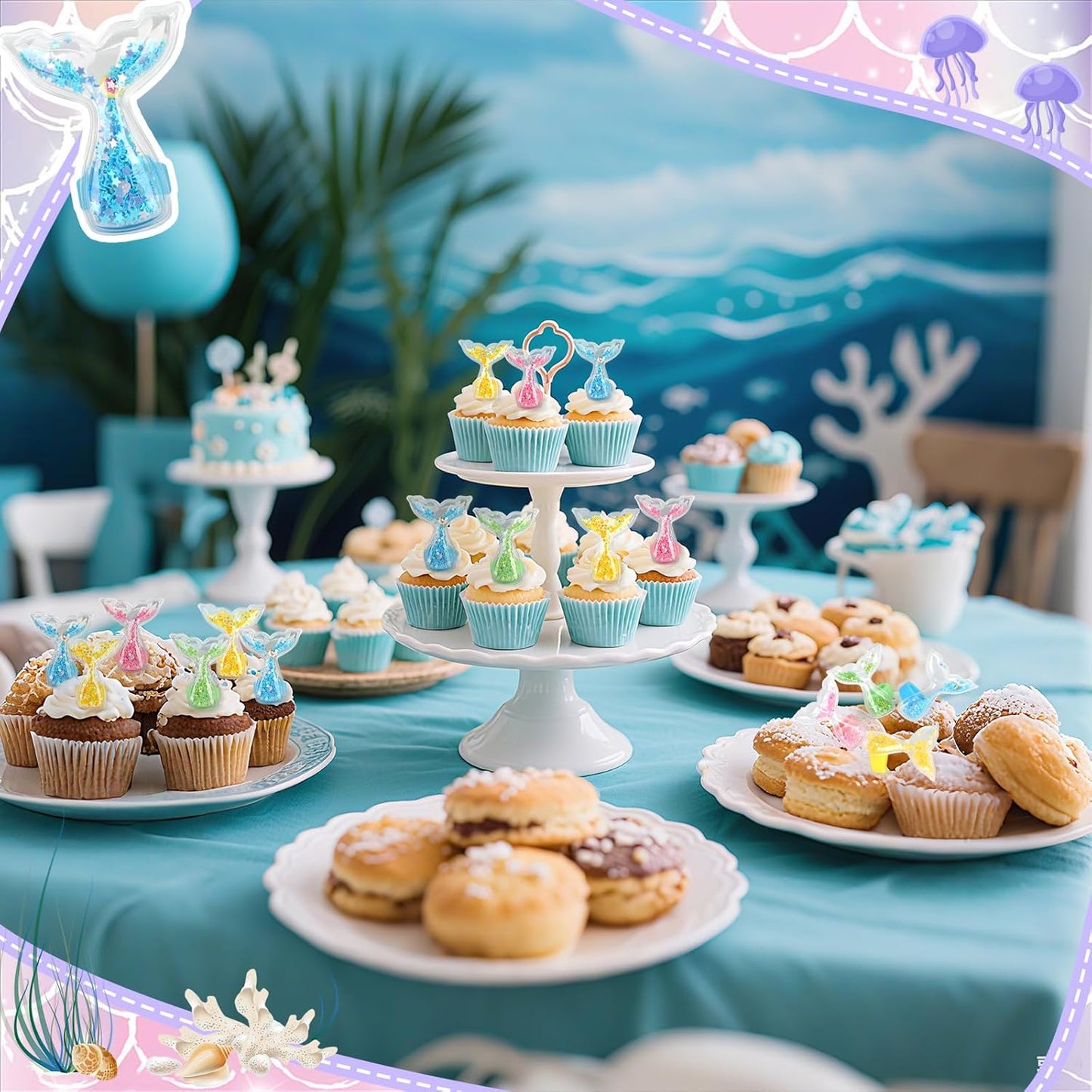 24Pcs Mermaid Tails Cupcake Ring Toppers Under the Sea Cupcake Topper for Mermaid theme Birthday Party Cake Decorations Baby Shower Weeding Anniversary Sea Party Supplies