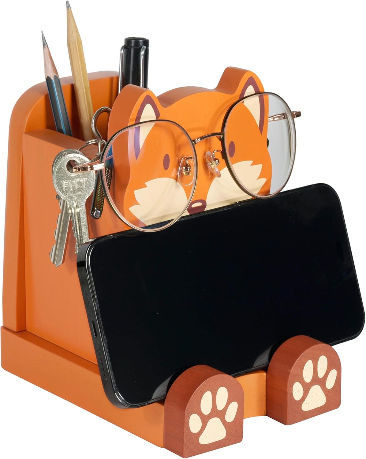 I'm Solid Wood Multipurpose Eyeglass Phone Pen & Pencil Holder Stand Stationery Desk Box Organizer Accessories Decor, Cute Home Office Desktop Decoration Birthday Graduation Gifts Fox Gifts (Fox)