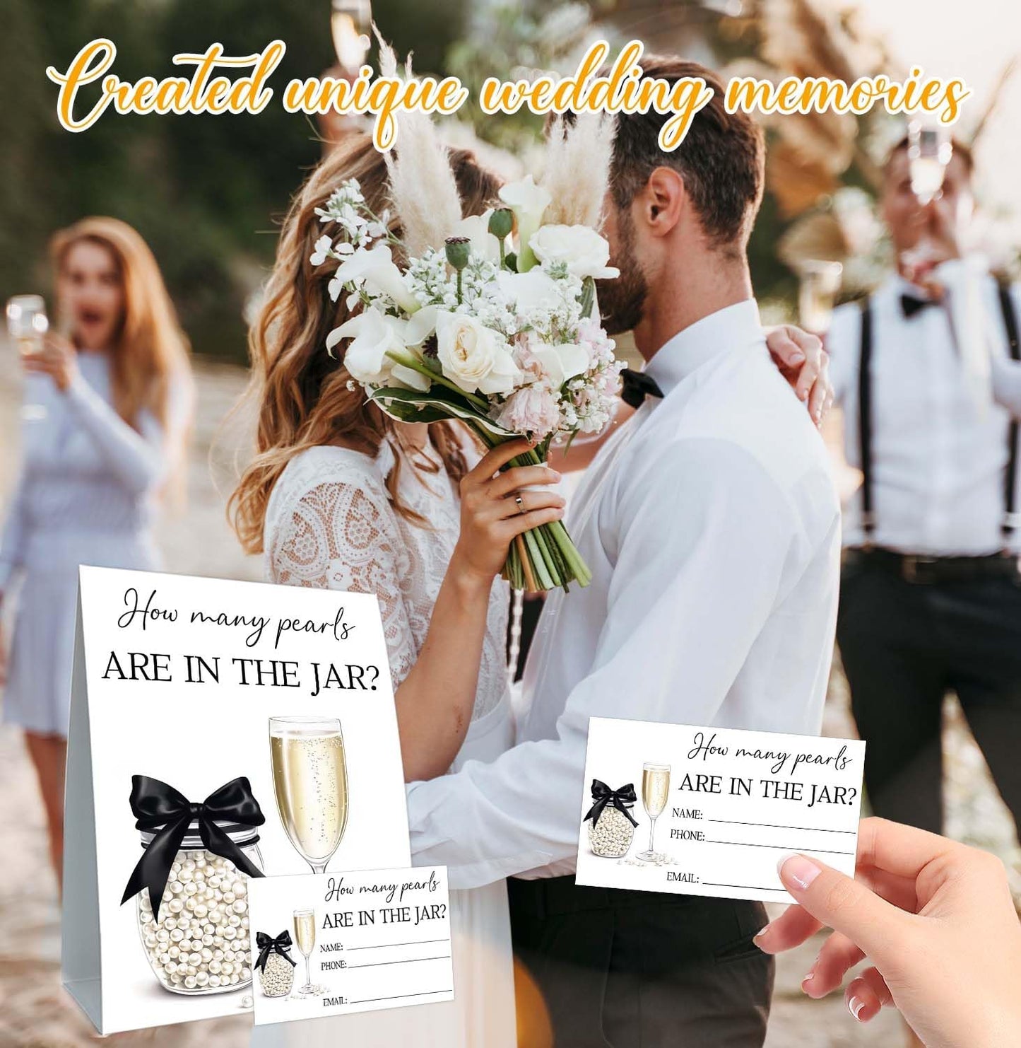 Guess How Many Cards, Bridal Shower Decorations, Guess How Many Pearls Are in the Jar, Party Games & Activities, 50 Cards and Sign