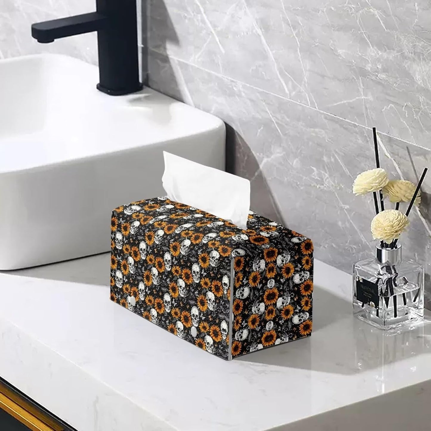 Halloween Tissue Box Cover with Skull Sunflower Print Waterproof Portable for Travel Designed with Modern PU Leather Folding Indoor Decorations 9.7"x5.2"x5.12" Easy to Clean