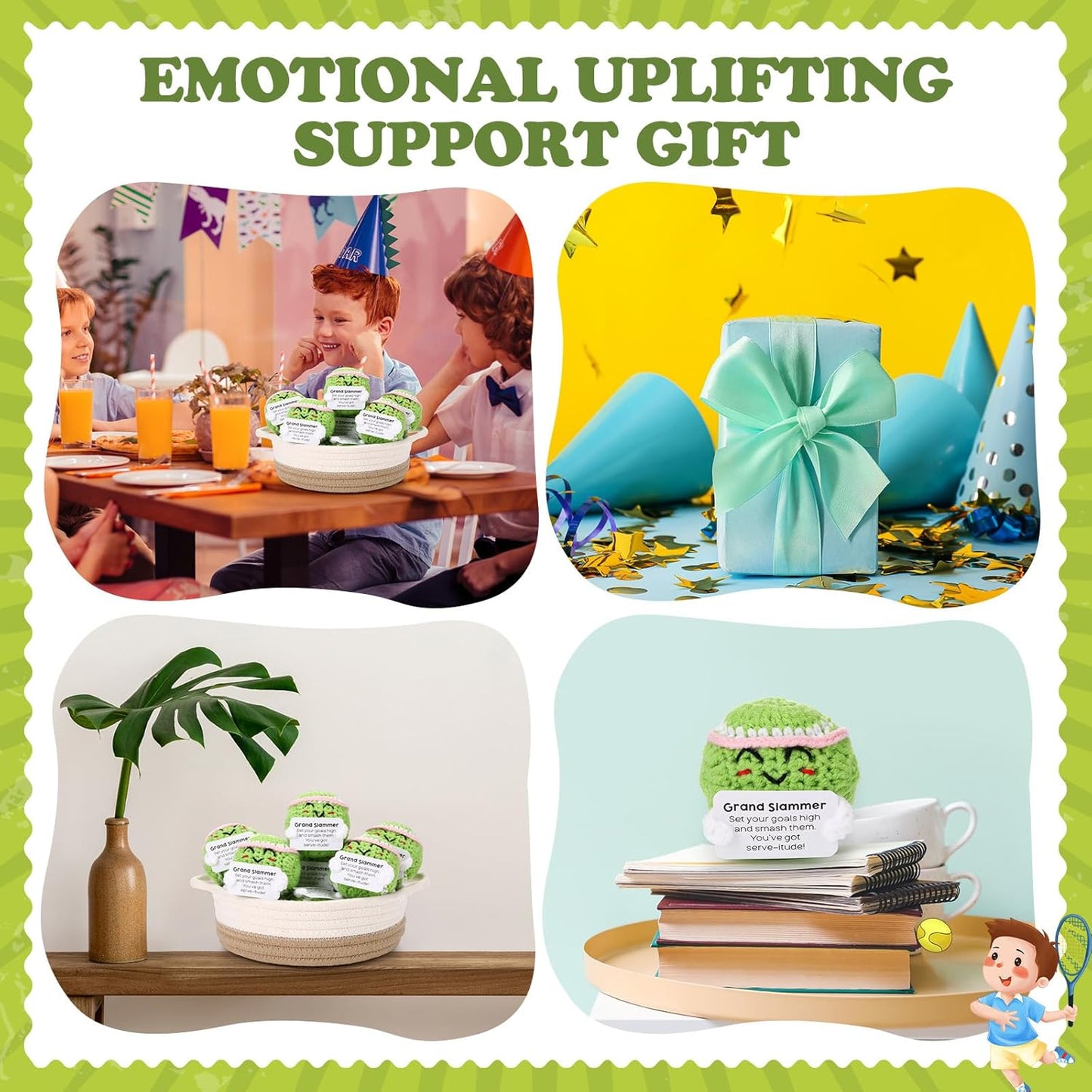 12pcs Funny Tennis Gifts for Team Bulk Tennis Balls with Motivational Cards Positive Handmade Mini Crochet Team Gift for Coach Women Men Coworker Birthday Christmas Party Favors