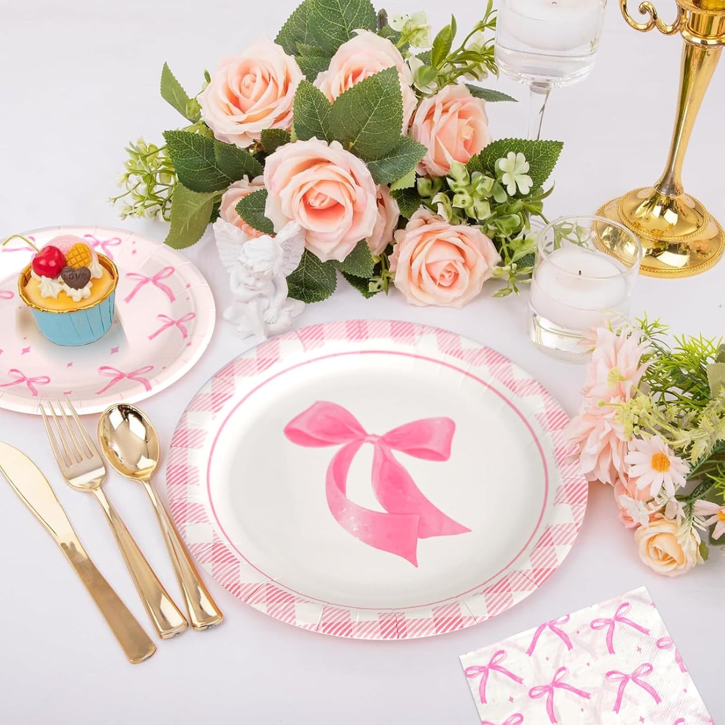180Pcs Pink Bow Party Supplies Paper Plates and Napkins Serve 60 Disposable Tableware Set for Birthday Party Decorations Game Day Family School Holiday Sports Events