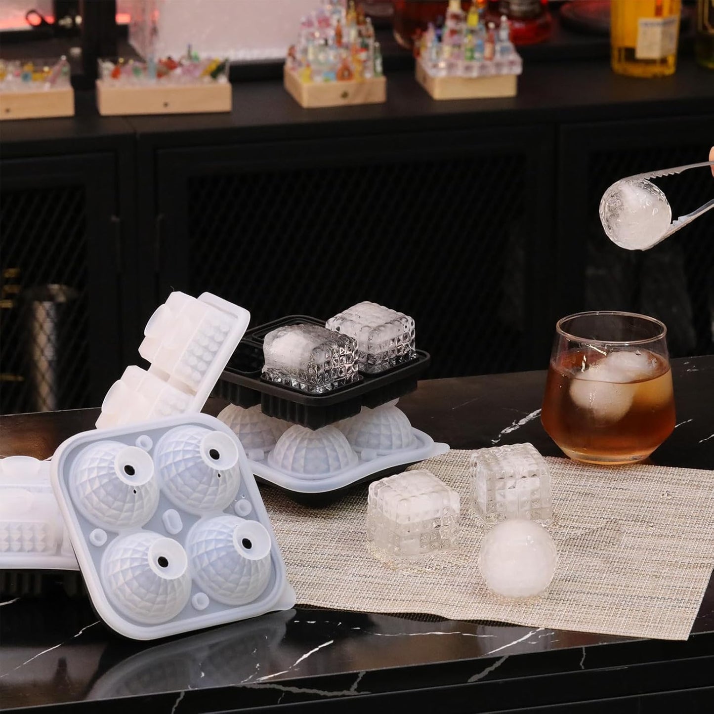 Hoolerry 2 Pcs Silicone Ice Cube Tray Large Square Sphere Golf Ice Tray 4 Hole Fun Shapes Big Ices Cube Mold with Funnel for Whiskey Cocktails Bourbon Chilling White Elephant Gifting(Round)
