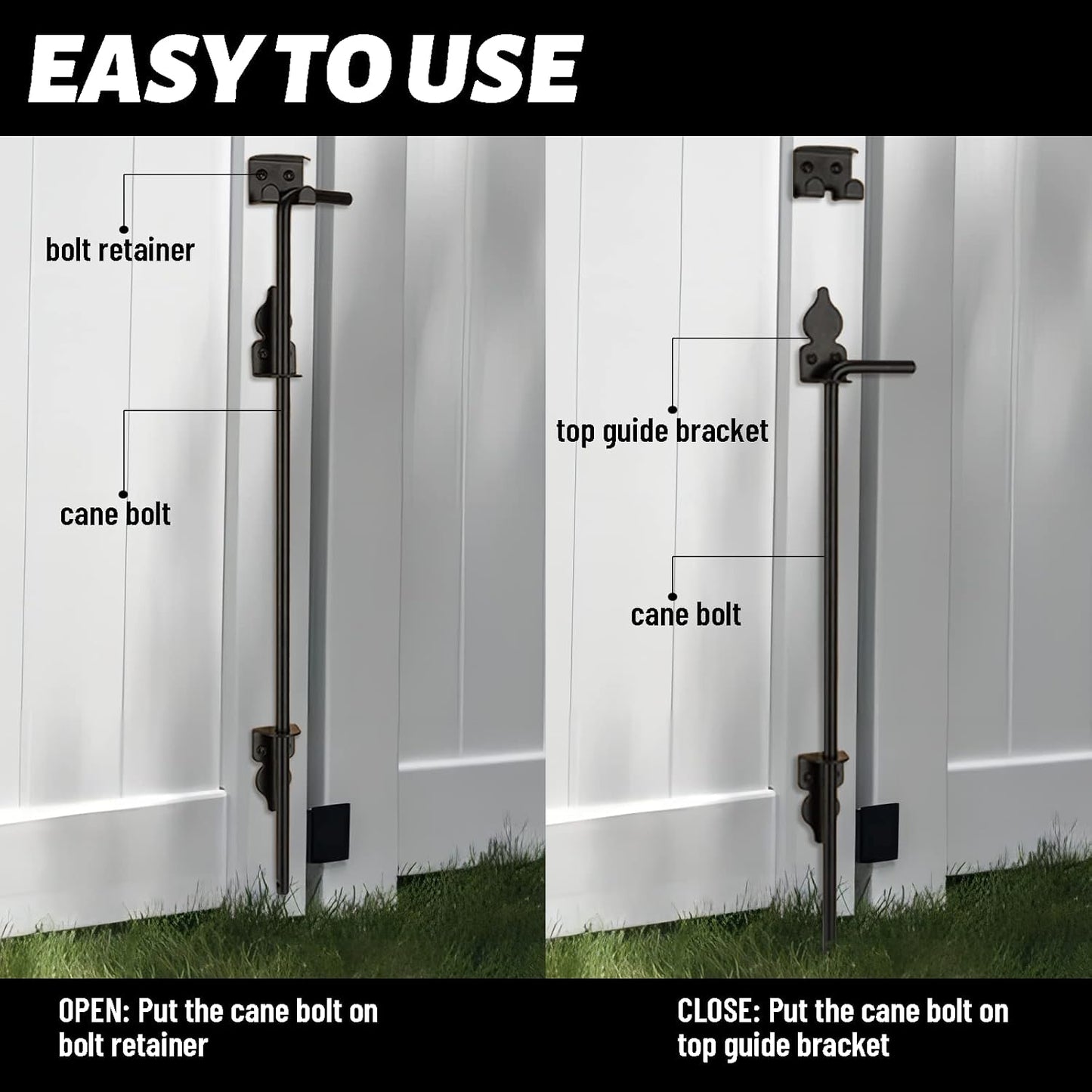 18" Heavy Duty Cane Bolt Gate Drop Rod Hardware Ground Latch for Wood PVC Vinyl Metal Fences Gates, Double Doors, Black Solid Steel -1 Pack