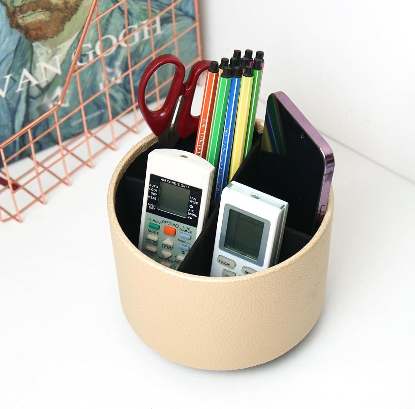 Hennaja Round Leather Art Supply Organizer,Remote Control Holder,360 Degree Spinning,Multi-Functional Pencil Holder,4 Compartments Desktop Stationary Organizer(1-Lichee Gold)
