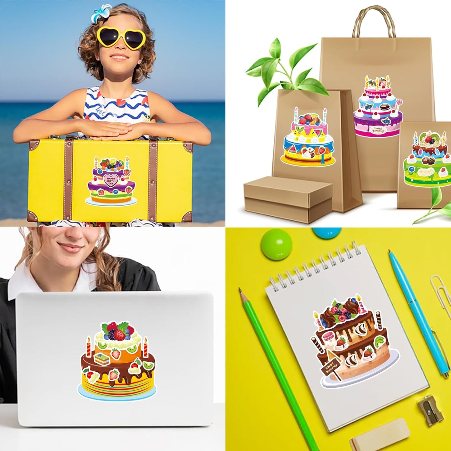 24 Sheets Birthday Stickers, Make-a-Cake Sticker for Kids Make Your Own Birthday Cake Stickers with Fruit Candy Candle, Happy Birthday Sticker Classroom Teacher Reward Stickers, Birthday Gift for Kids