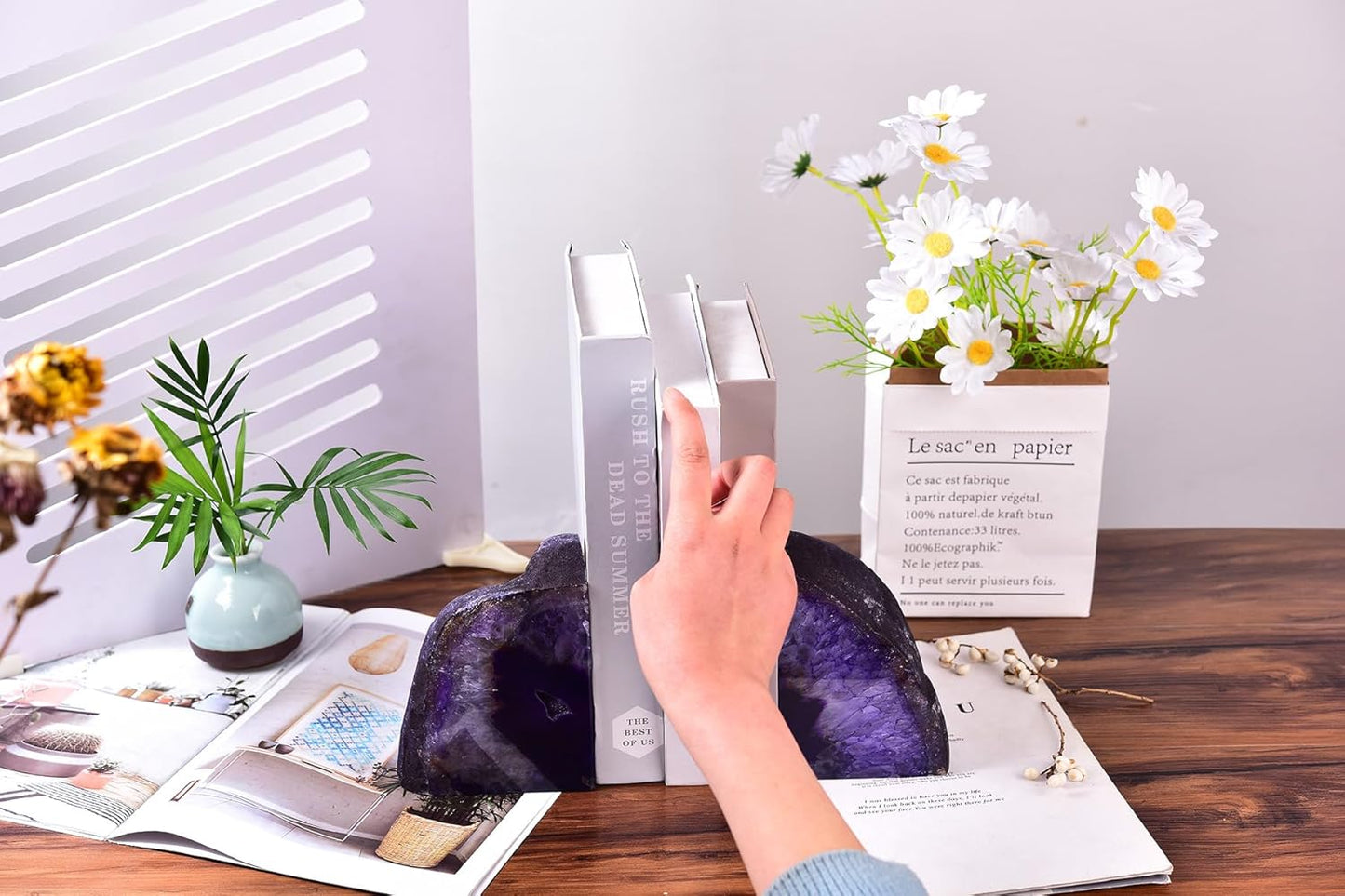 AMOYSTONE Heavy Agate Bookends, Natural Crystal Gemstone Book Holders Purple 5-6 LBS for Shelves, Stylish and Functional Bookends Gift for Women