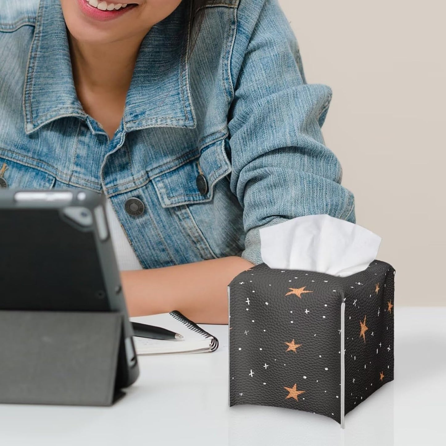 Halloween Black Cute Ghost Tissue Holder Faux Leather Square Tissue Box Covers Soft Folding Easy to Clean Decorative Bathroom Accessory Tissue Box Organizer for Table, Desk, or Countertop