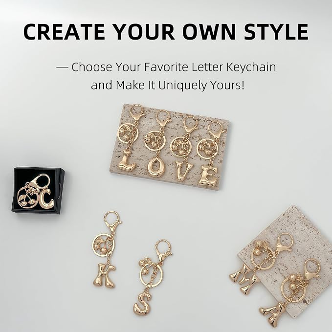 Gold Bubble Heart, Bow & More Designs Letter Initial Keychain Bag Charms – Cute - Image 6