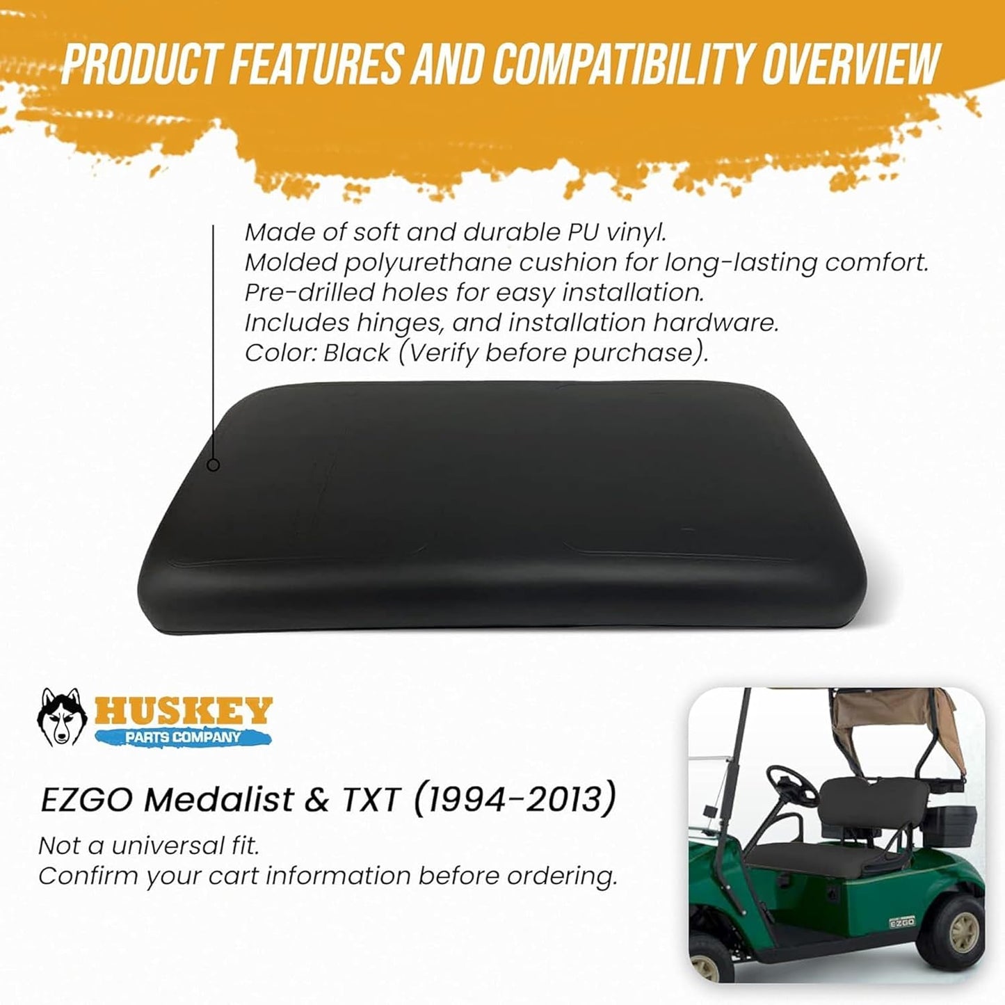 Huskey Parts Company Golf Cart Seat Cushion, Black Color Front Bottom Seat for EZGO Medalist, TXT 1994 to 2013, Golf Cart Front Seat Replacement with Mounting Hardware & Hinges